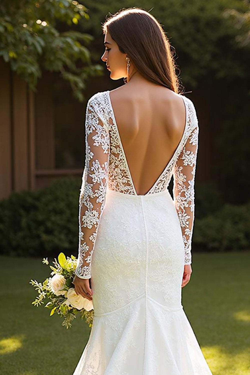 Mermaid Lace Ivory Long Sleeves Sweep Train Wedding Dress