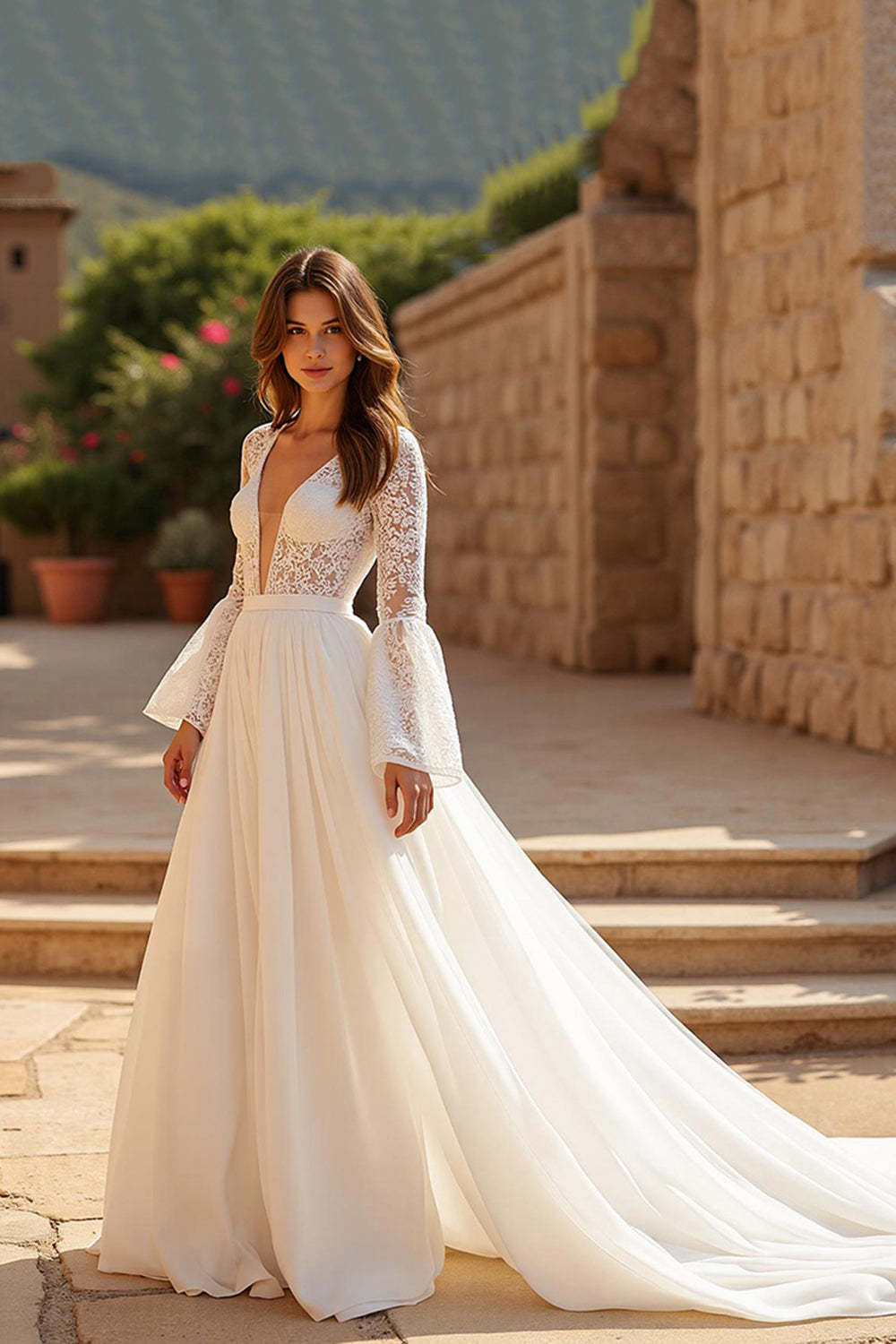 Leely Women Ivory Chiffon Boho Wedding Dress Deep V-Neck A Line Long Sleeves Sweep Train Bridal Dress with Lace