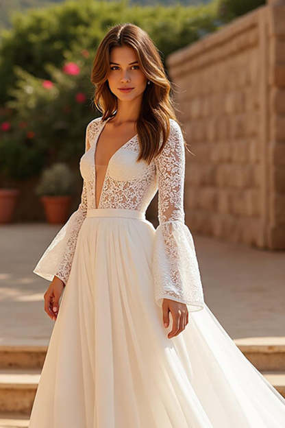 Chiffon Ivory Long Sleeves Sweep Train Boho Wedding Dress with Lace