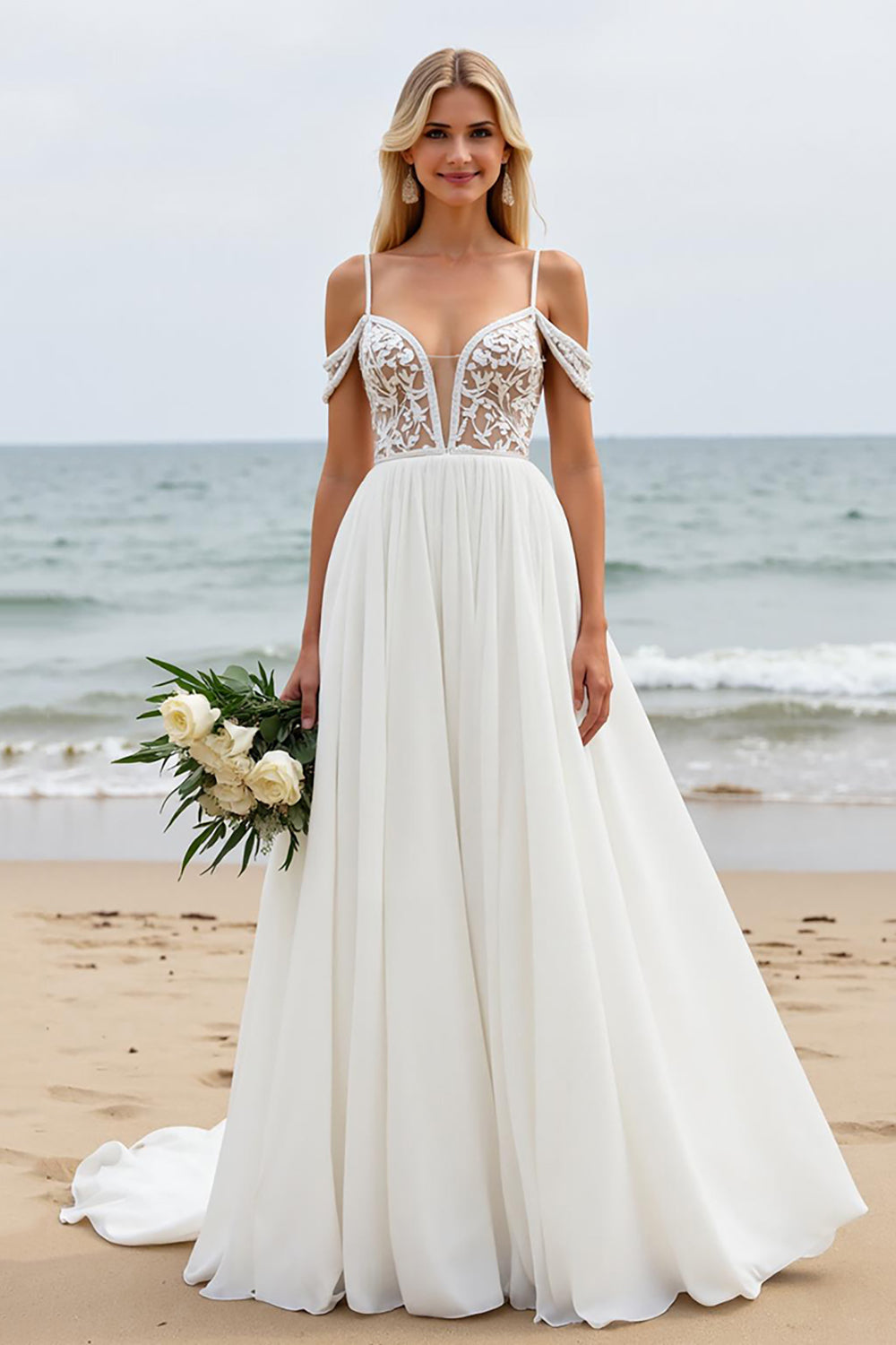 Boho Ivory Chiffon Cold Shoulder Sweep Train Wedding Dress with Lace