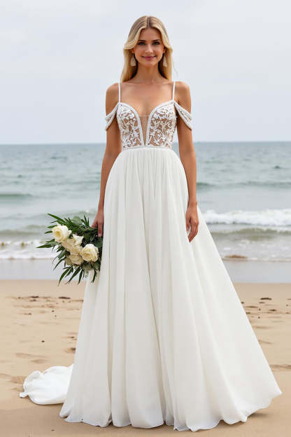 Leely Women Ivory Chiffon Boho Sweep Train Wedding Dress A Line Cold Shoulder Beach Bridal Dress with Lace