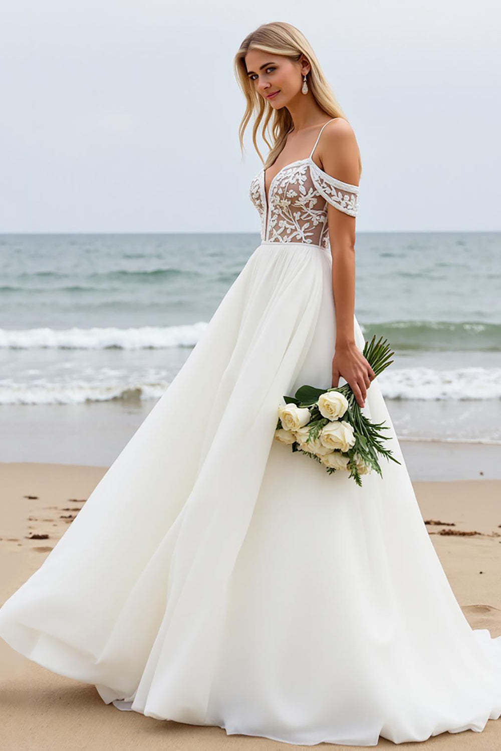 Boho Ivory Chiffon Cold Shoulder Sweep Train Wedding Dress with Lace
