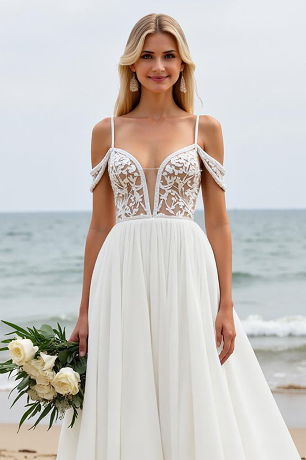 Boho Ivory Chiffon Cold Shoulder Sweep Train Wedding Dress with Lace