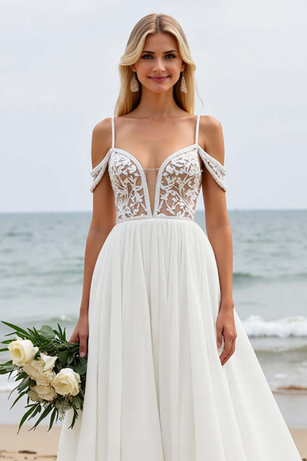 Boho Ivory Chiffon Cold Shoulder Sweep Train Wedding Dress with Lace