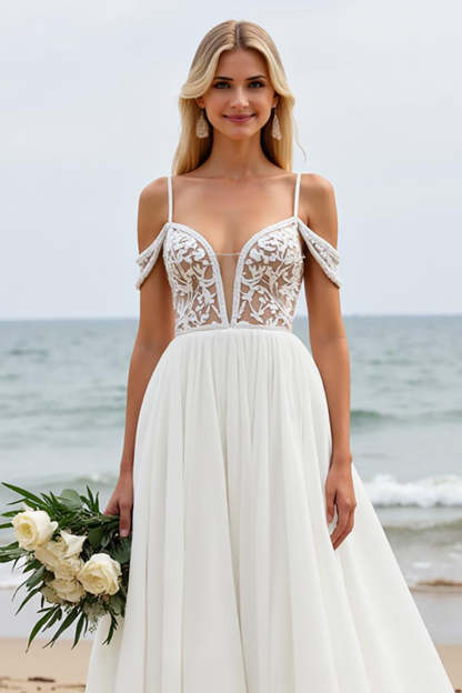 Boho Ivory Chiffon Cold Shoulder Sweep Train Wedding Dress with Lace