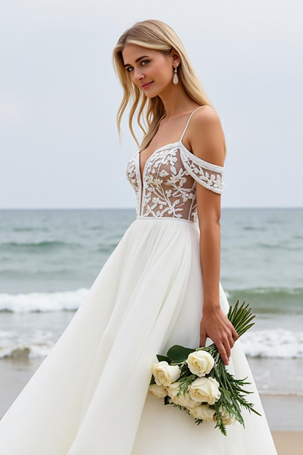Boho Ivory Chiffon Cold Shoulder Sweep Train Wedding Dress with Lace