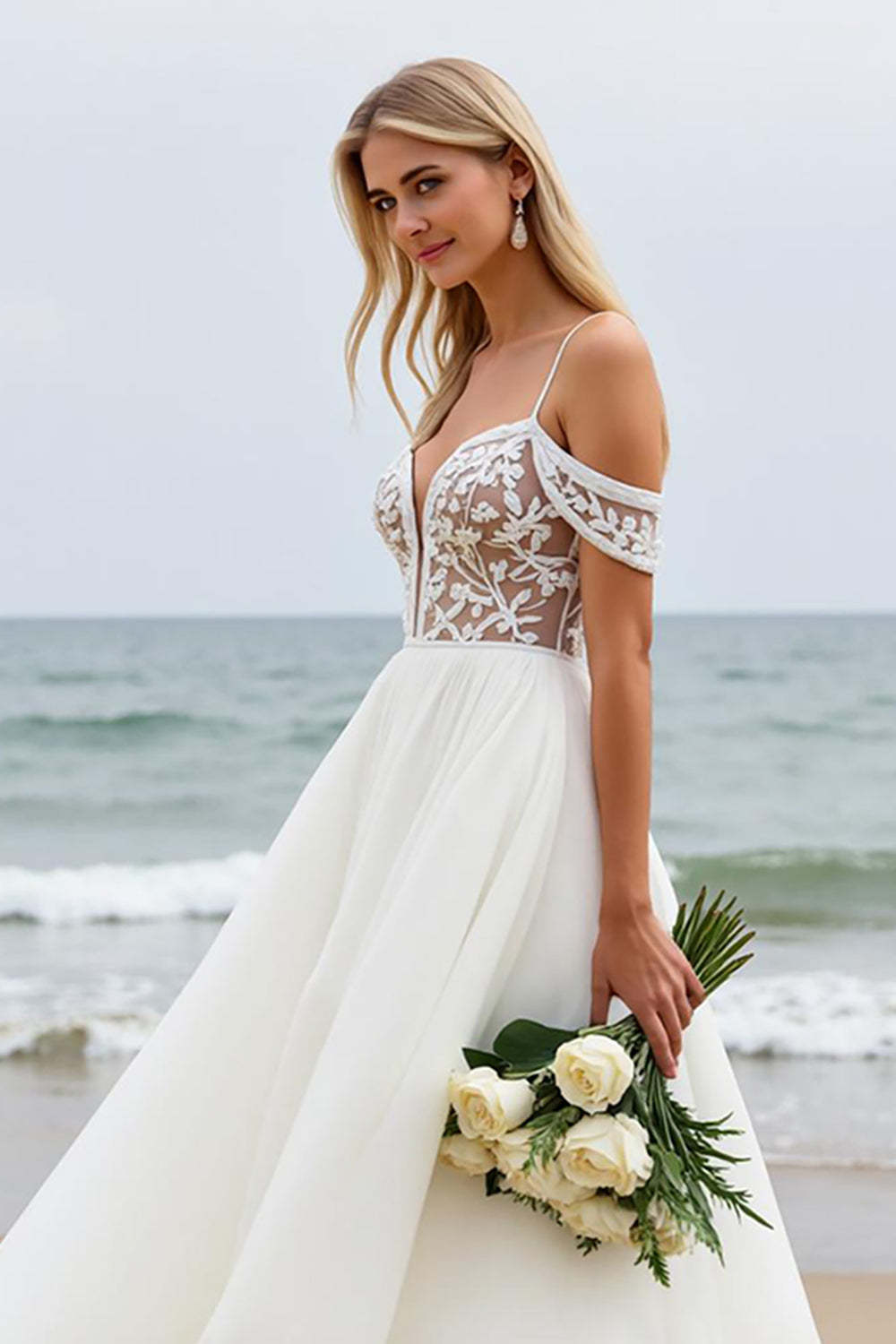 Boho Ivory Chiffon Cold Shoulder Sweep Train Wedding Dress with Lace
