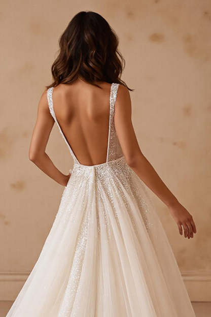 Glitter Ivory Corset Square Neck A Line Sweep Train Wedding Dress