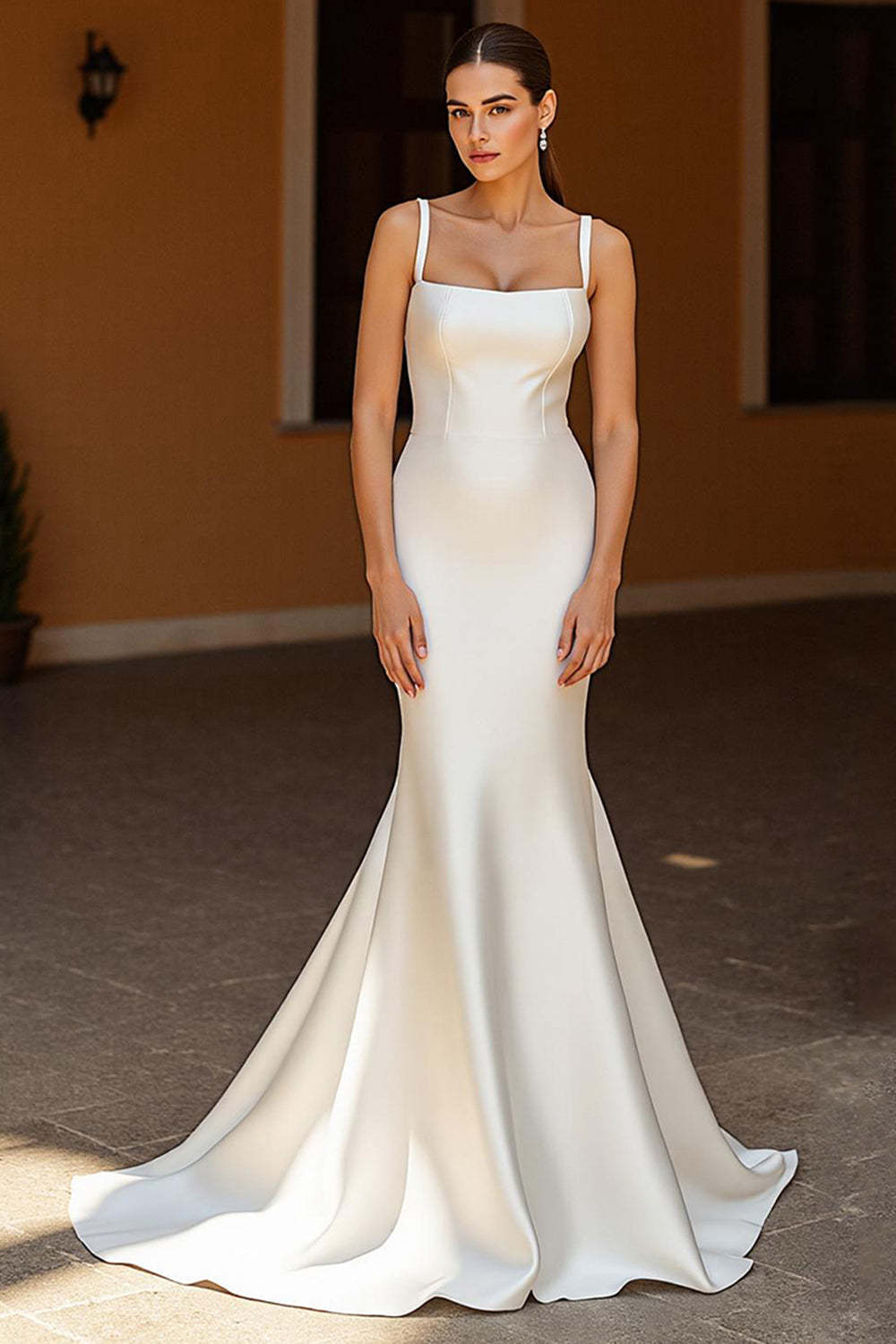 Leely Women Elegant Ivory Mermaid Satin Sweep Train Wedding Dress Backless Square Neck Bridal Dress
