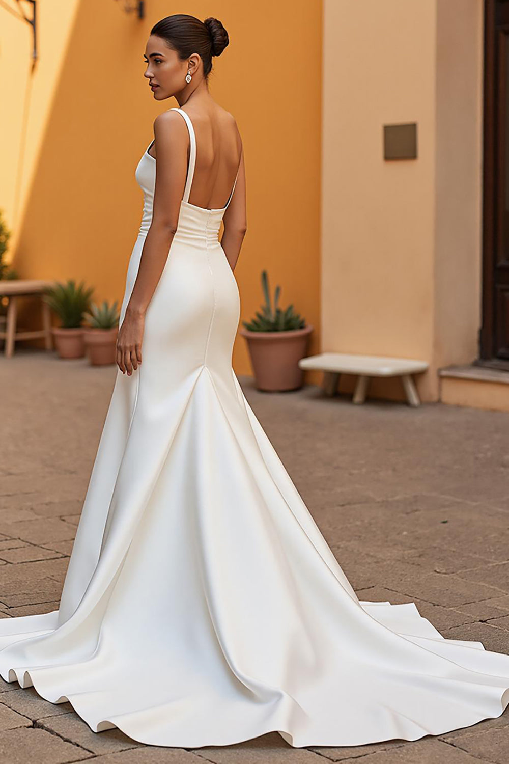 Elegant Ivory Satin Mermaid Square Neck Sweep Train Wedding Dress