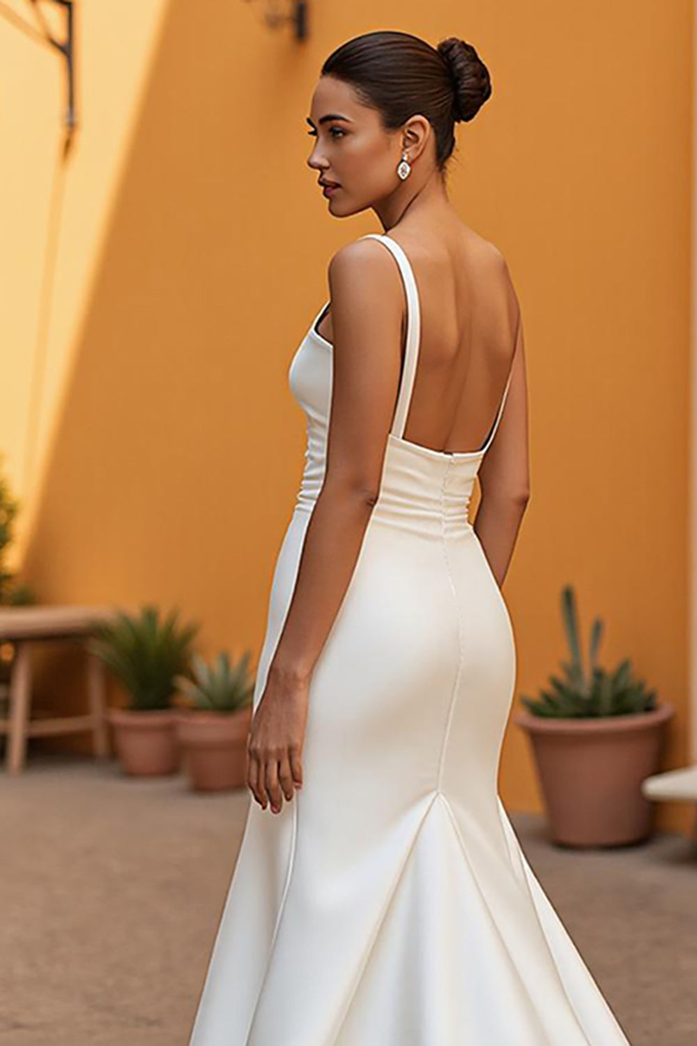 Elegant Ivory Satin Mermaid Square Neck Sweep Train Wedding Dress