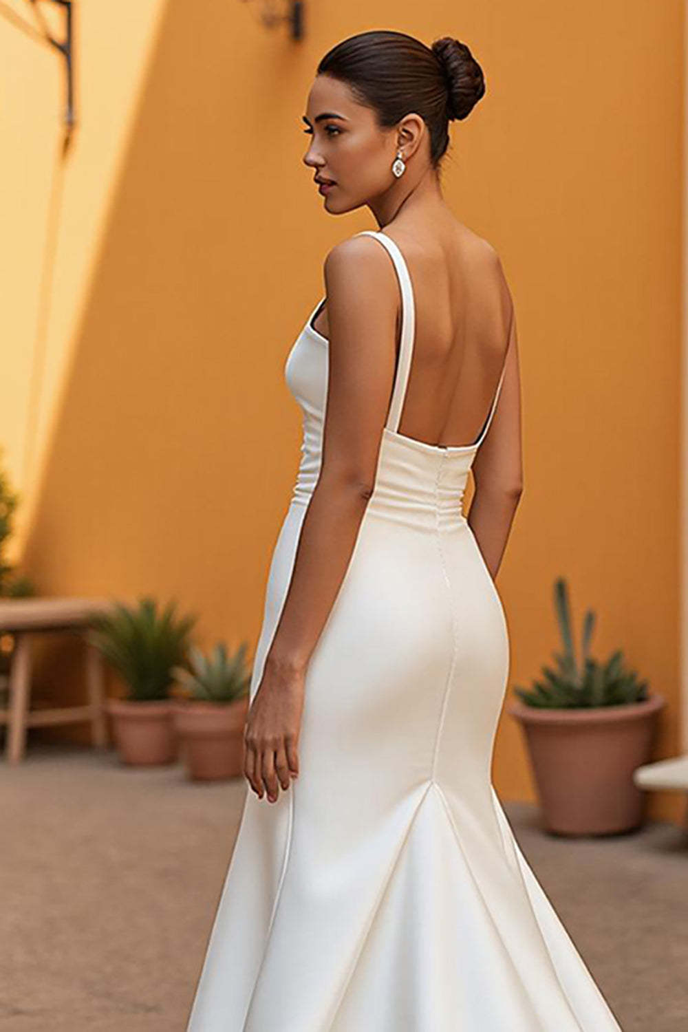 Elegant Ivory Satin Mermaid Square Neck Sweep Train Wedding Dress