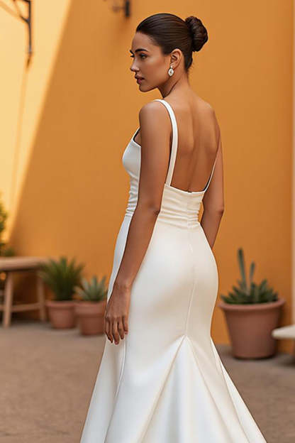 Elegant Ivory Satin Mermaid Square Neck Sweep Train Wedding Dress