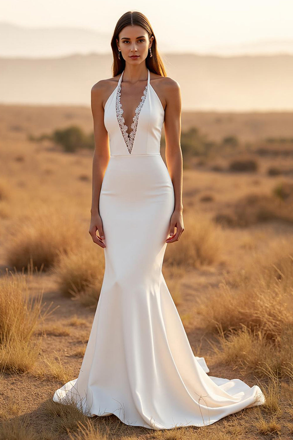Ivory Mermaid Halter Sweep Train Backless Wedding Dress with Lace