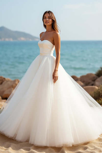 Leely Women Simple Ivory Ball Gown Sweetheart Sweep Train Wedding Dress A Line Tulle Bridal Dress