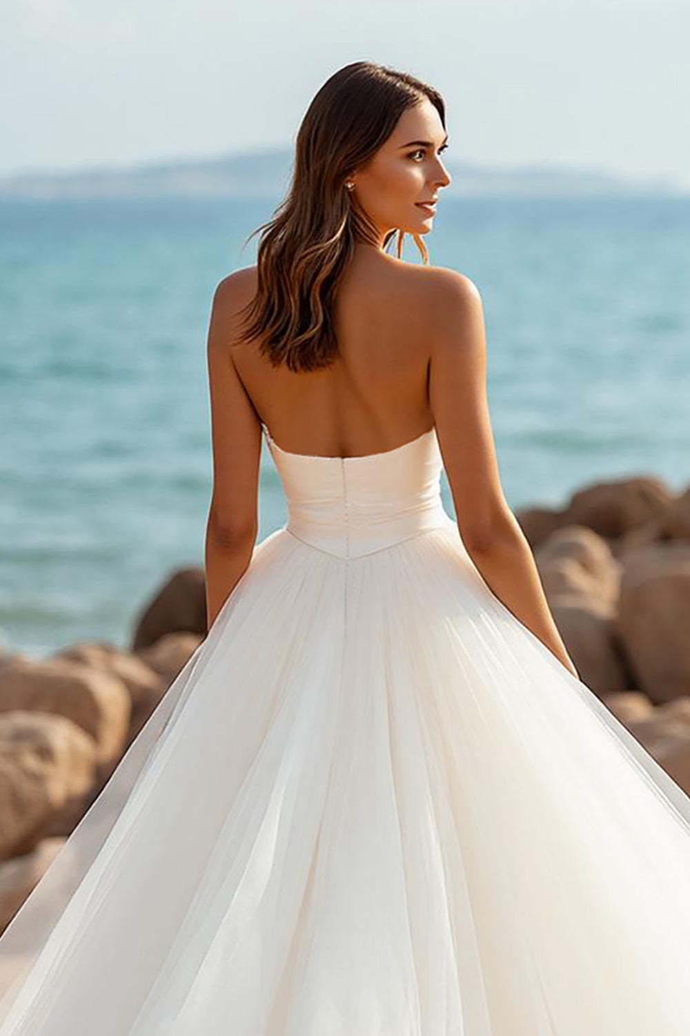 Ivory Ball Gown Sweetheart A Line Tulle Sweep Train Wedding Dress