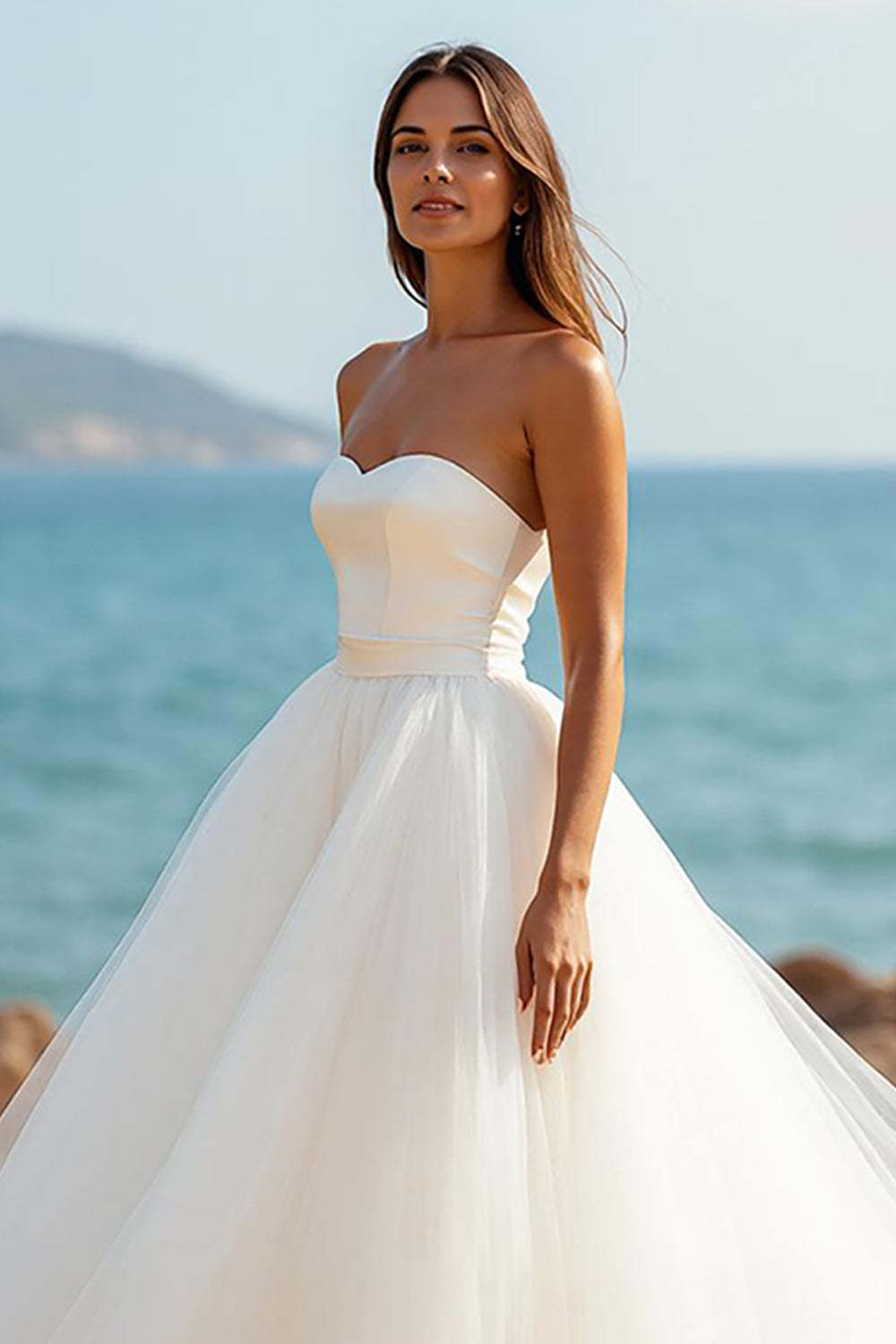 Ivory Ball Gown Sweetheart A Line Tulle Sweep Train Wedding Dress