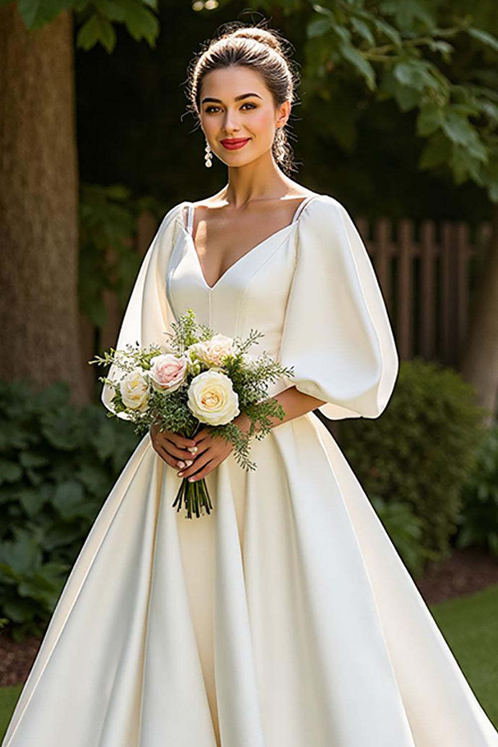 Ivory Satin Half Sleeves V-Neck A Line Sweep Train Wedding Dress