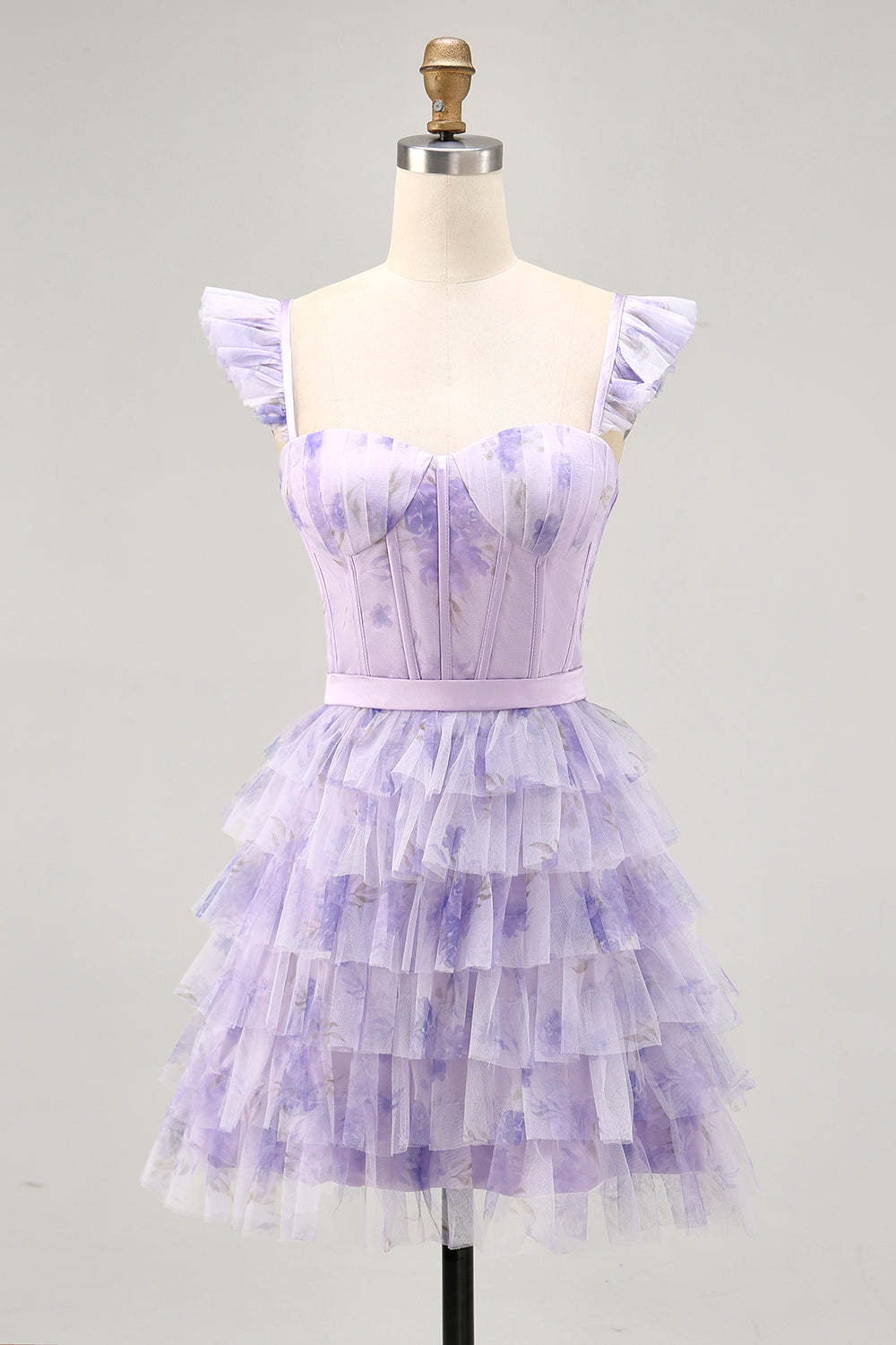 Leely Women Lilac Floral Short Corset Homecoming Dress with Ruffles Tiered A Line Lace Up Back Spaghetti Straps Cocktail Dress