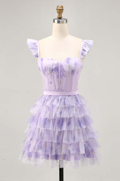 Leely Women Lilac Floral Short Corset Homecoming Dress with Ruffles Tiered A Line Lace Up Back Spaghetti Straps Cocktail Dress