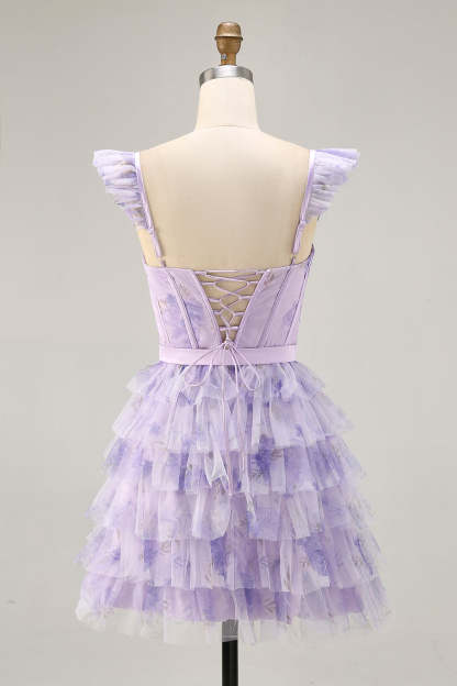 Lilac Floral Corset Tiered Short Floral Homecoming Dress with Ruffles
