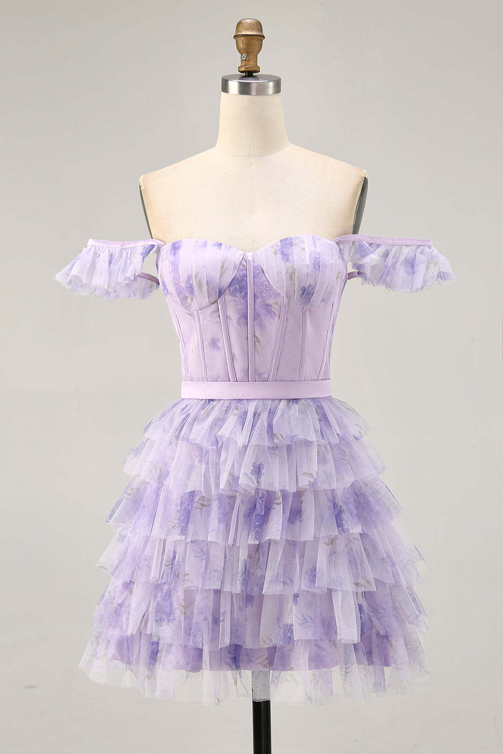 Lilac Floral Corset Tiered Short Floral Homecoming Dress with Ruffles