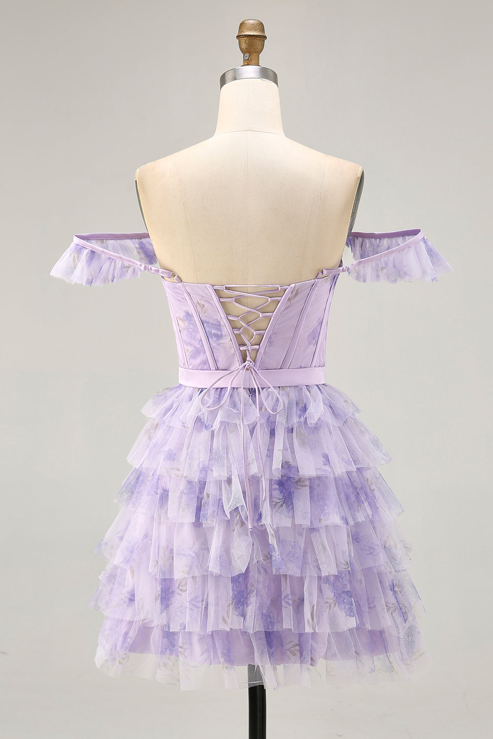Lilac Floral Corset Tiered Short Floral Homecoming Dress with Ruffles