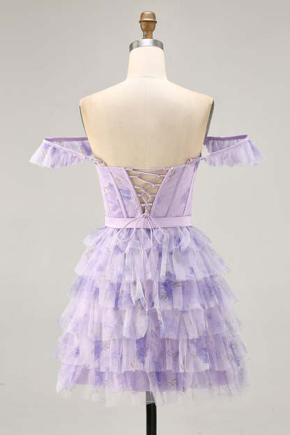 Lilac Floral Corset Tiered Short Floral Homecoming Dress with Ruffles