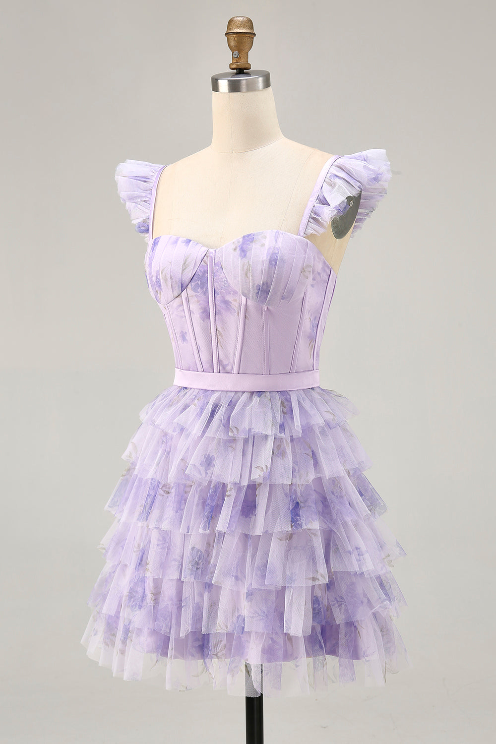 Lilac Floral Corset Tiered Short Floral Homecoming Dress with Ruffles