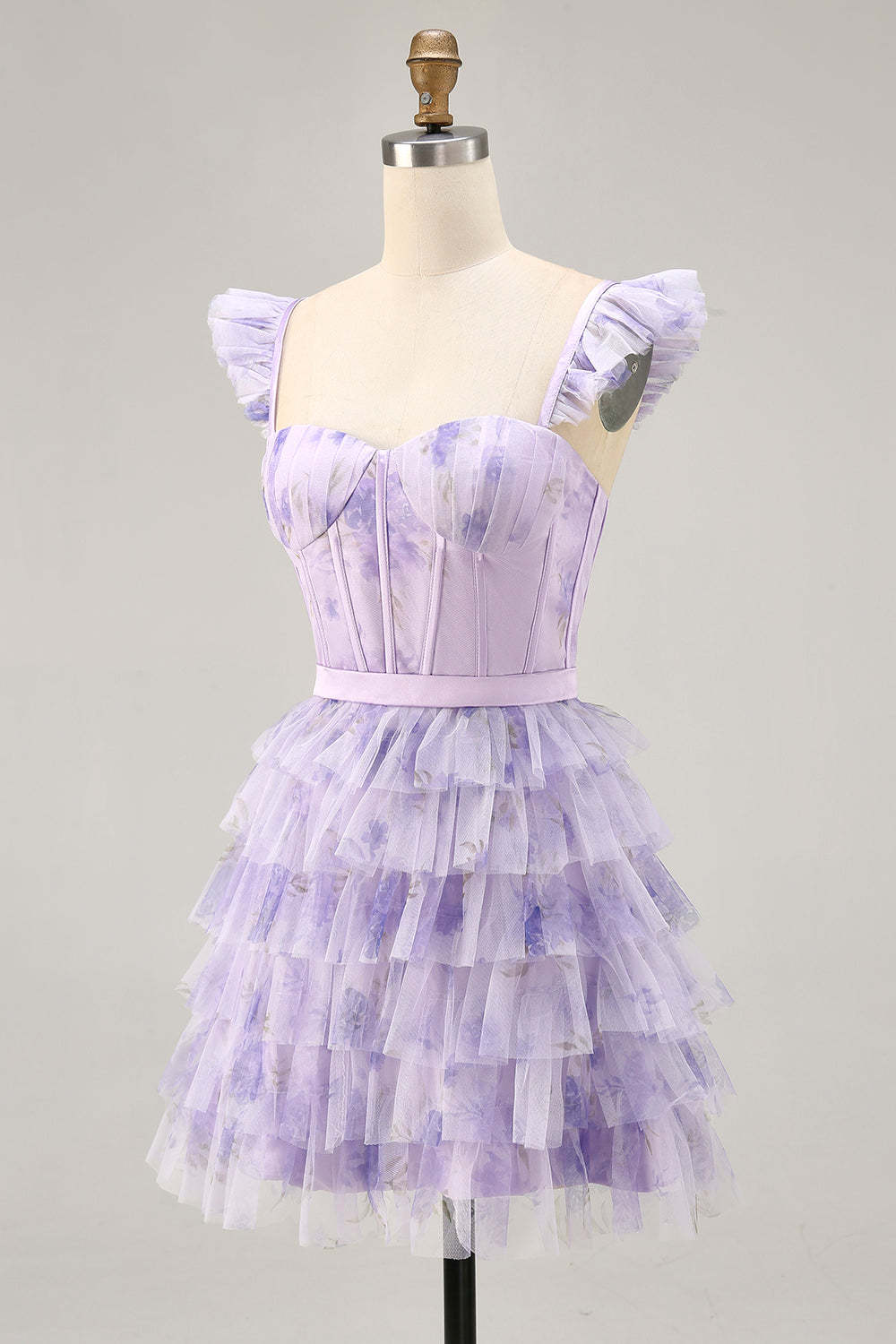 Lilac Floral Corset Tiered Short Floral Homecoming Dress with Ruffles