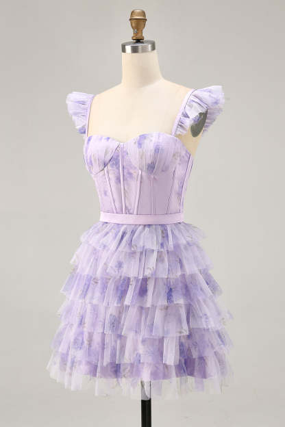Lilac Floral Corset Tiered Short Floral Homecoming Dress with Ruffles