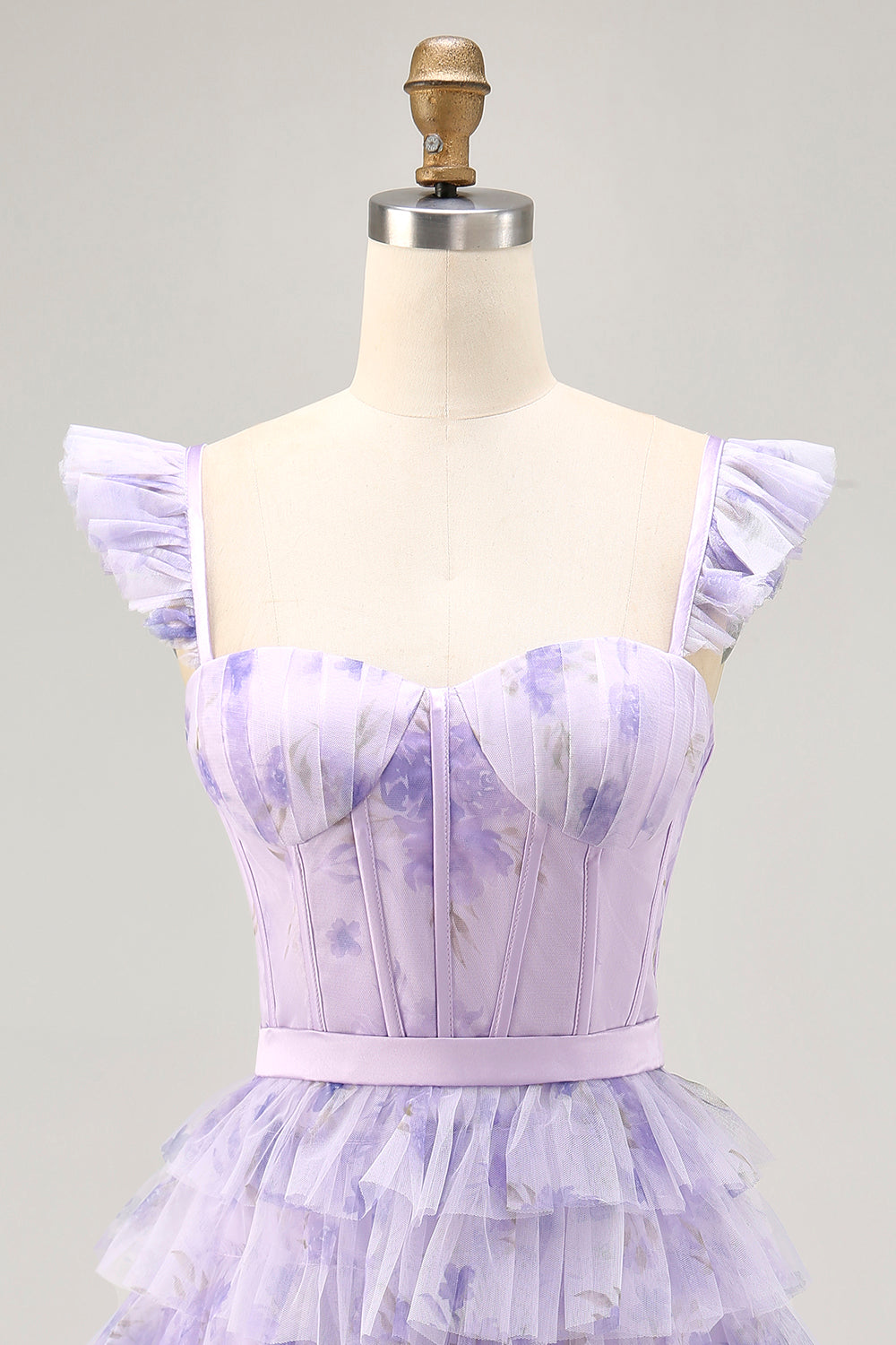 Lilac Floral Corset Tiered Short Floral Homecoming Dress with Ruffles