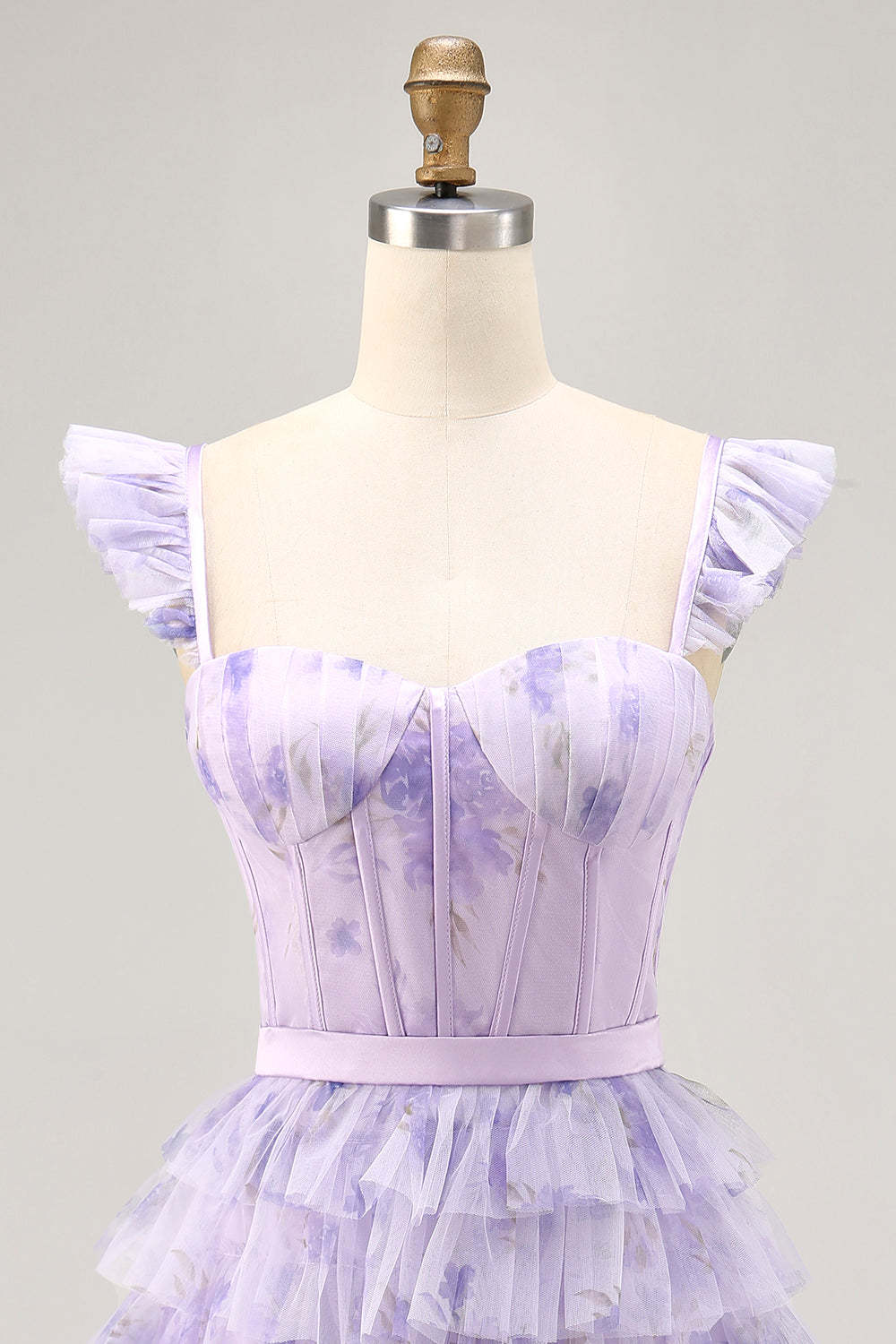 Lilac Floral Corset Tiered Short Floral Homecoming Dress with Ruffles