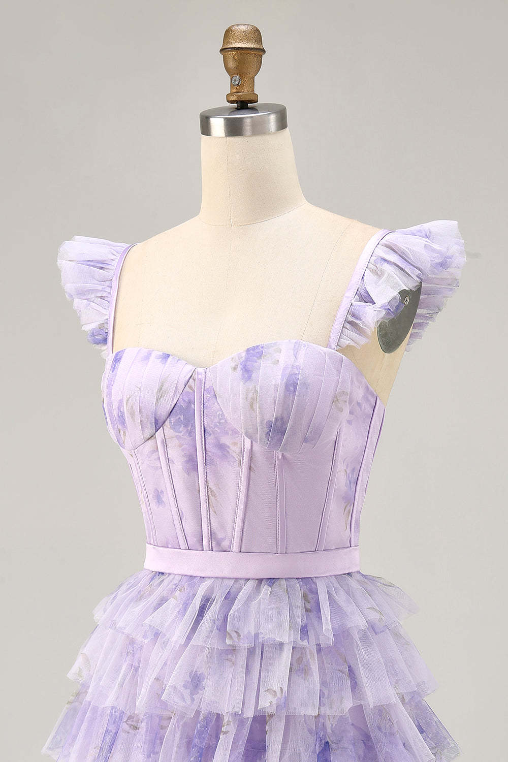 Lilac Floral Corset Tiered Short Floral Homecoming Dress with Ruffles
