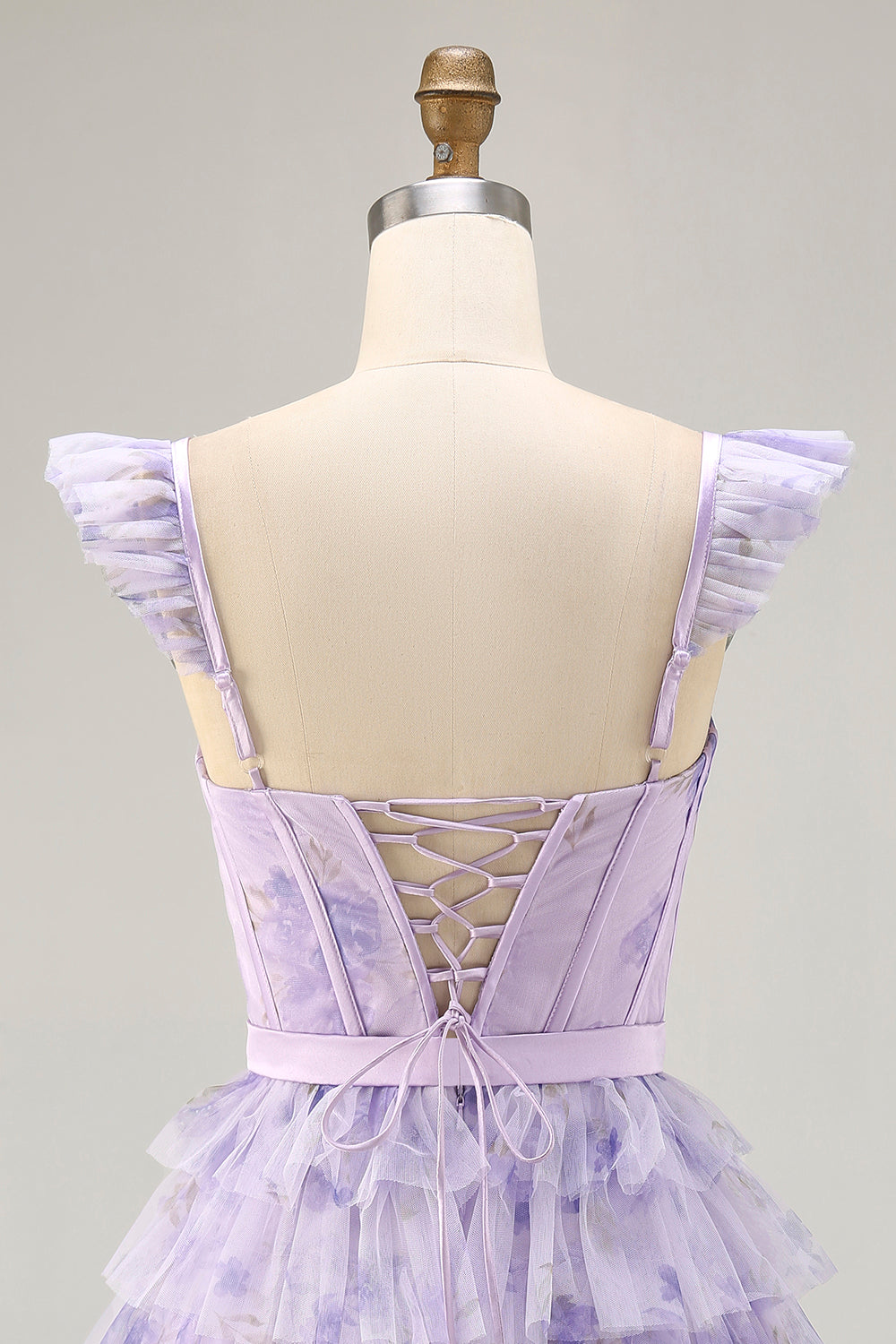 Lilac Floral Corset Tiered Short Floral Homecoming Dress with Ruffles