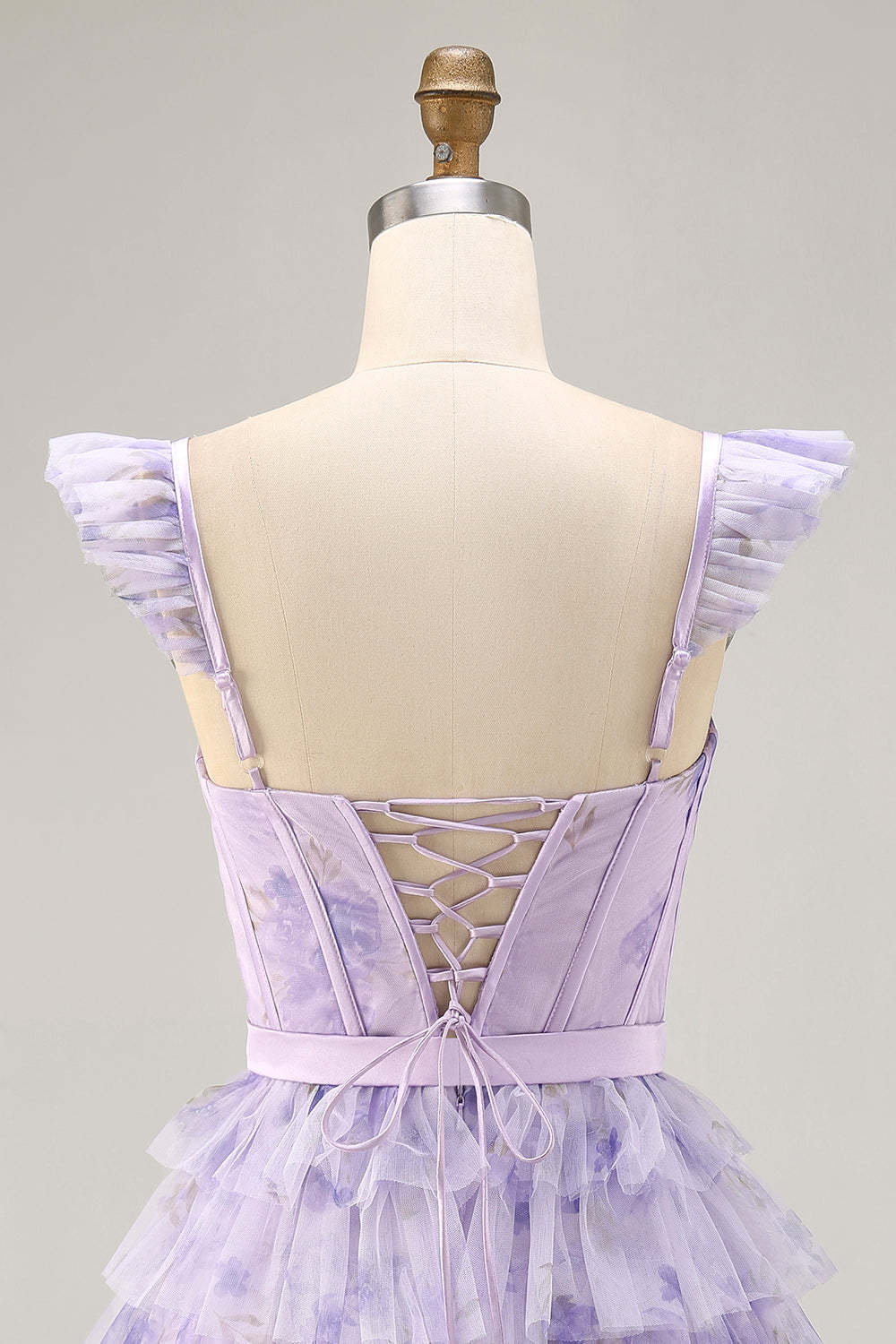 Lilac Floral Corset Tiered Short Floral Homecoming Dress with Ruffles