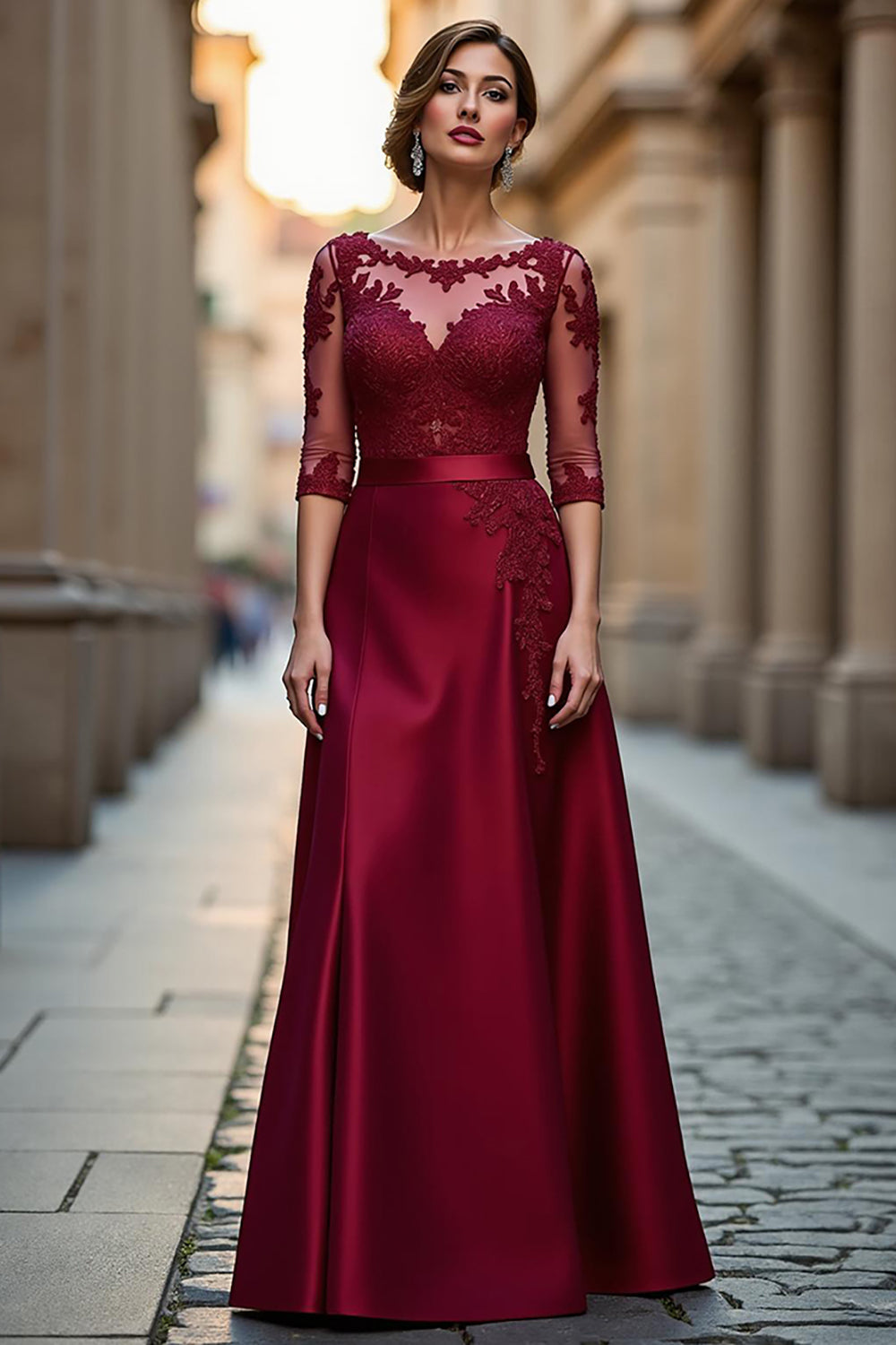 Leely Women Dark Red Satin Maxi Mother of the Bride Dress with Appliques A Line Illusion Neck Half Sleeves Wedding Guest Dress