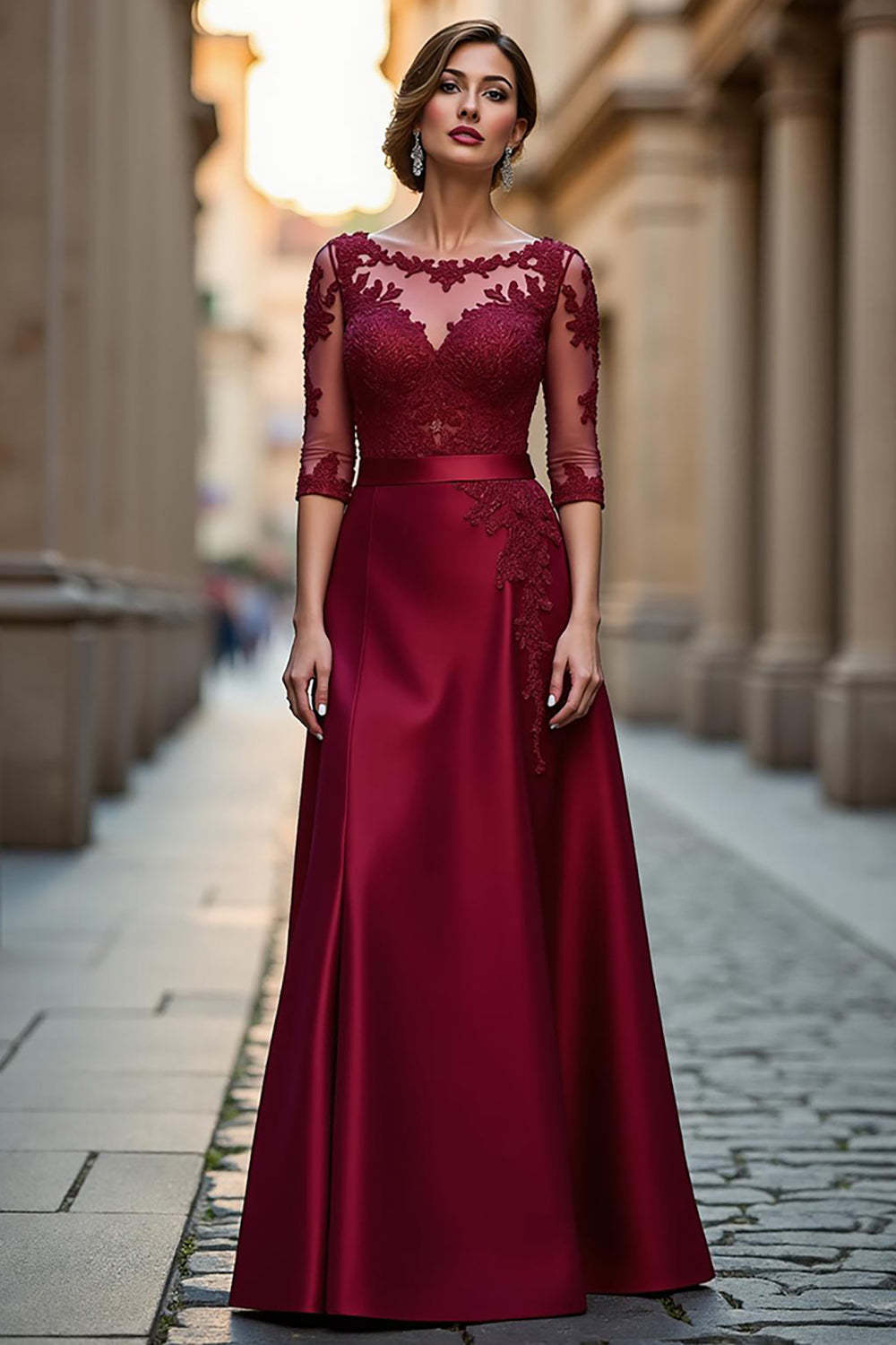 Leely Women Dark Red Satin Maxi Mother of the Bride Dress with Appliques A Line Illusion Neck Half Sleeves Wedding Guest Dress