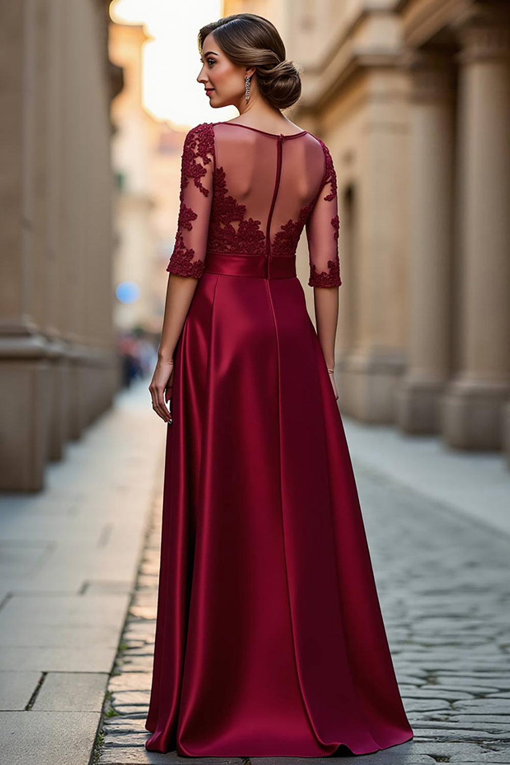 Satin A Line Dark Red Illusion Neck Mother of the Bride Dress with Appliques