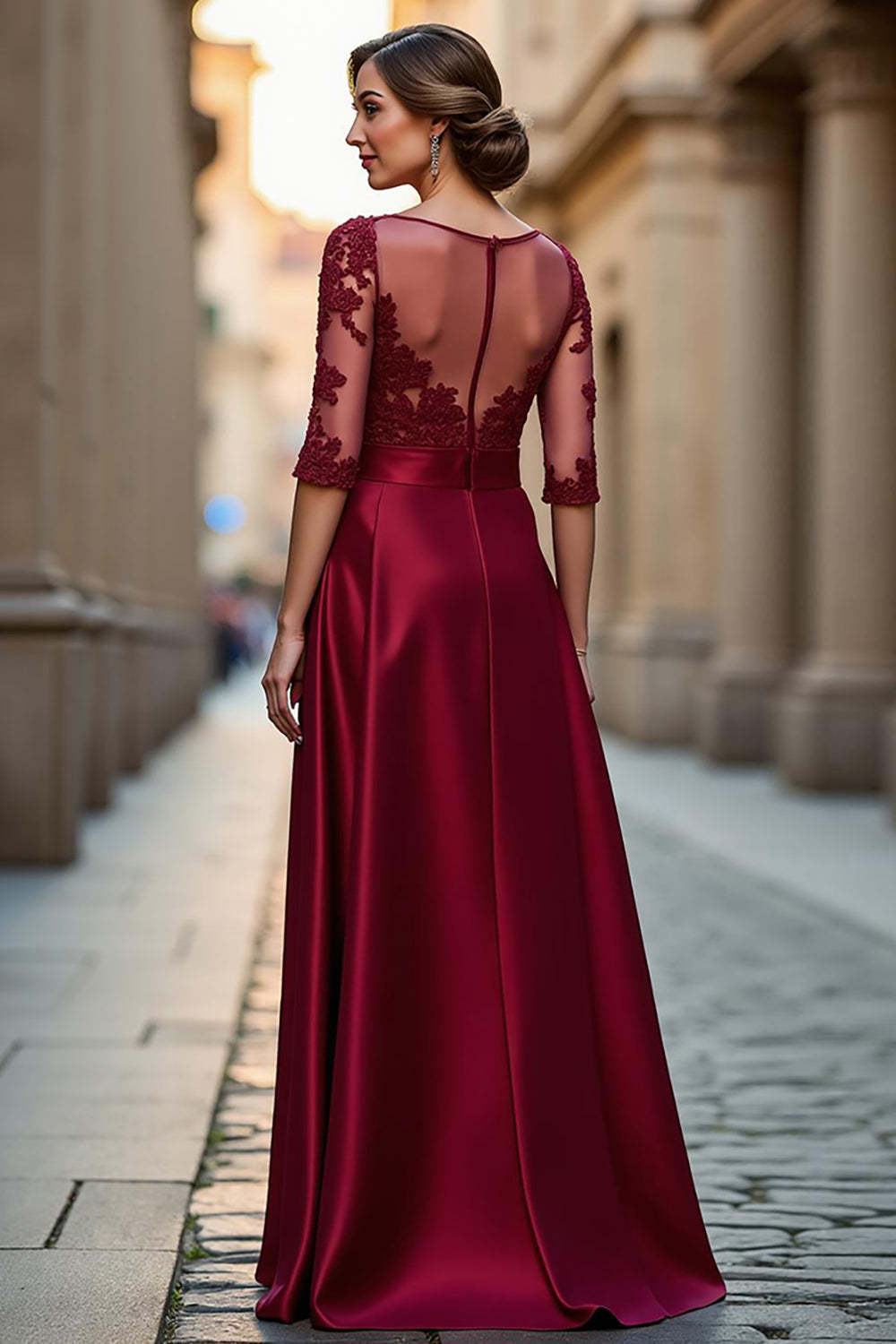 Satin A Line Dark Red Illusion Neck Mother of the Bride Dress with Appliques