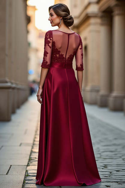 Satin A Line Dark Red Illusion Neck Mother of the Bride Dress with Appliques