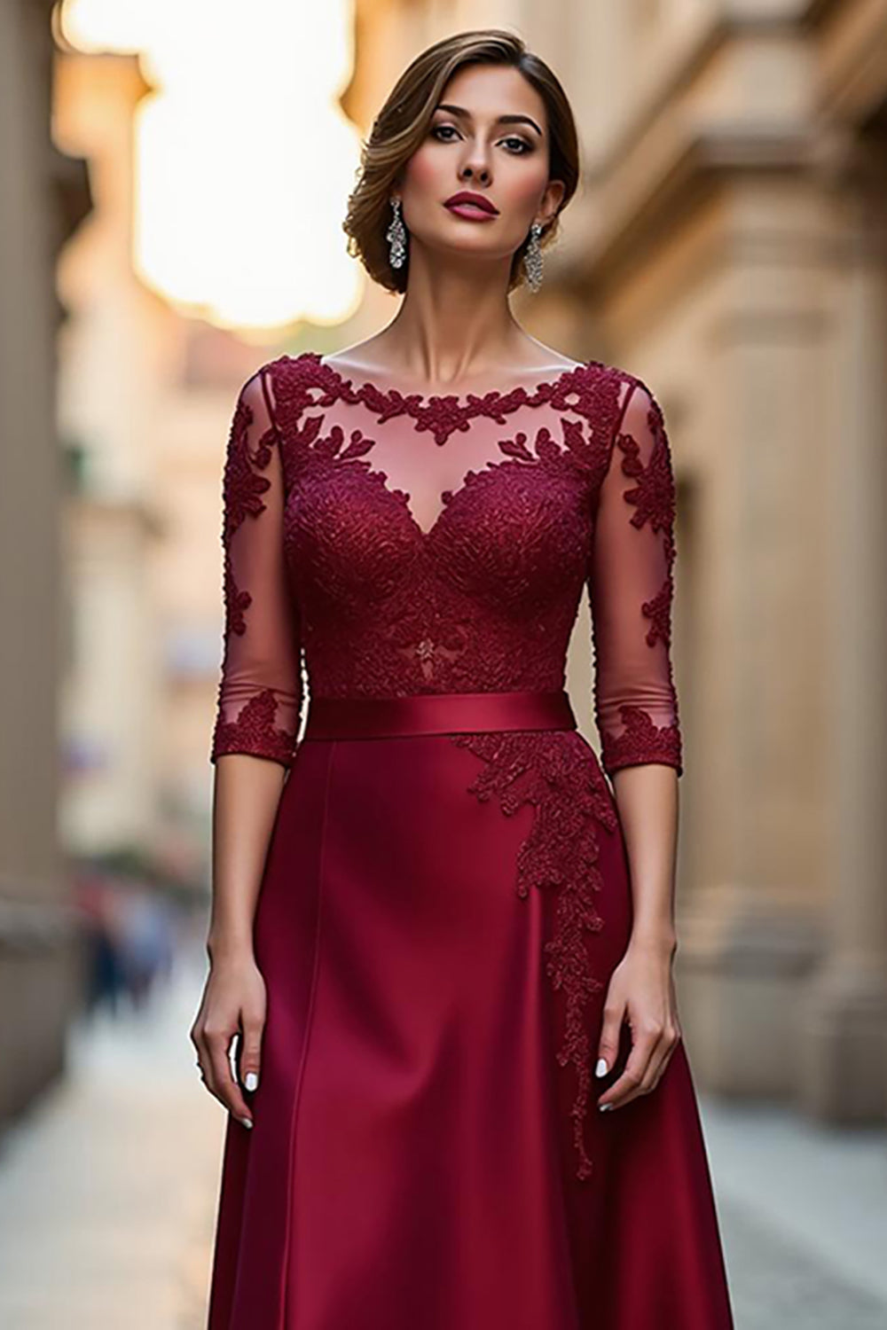 Satin A Line Dark Red Illusion Neck Mother of the Bride Dress with Appliques