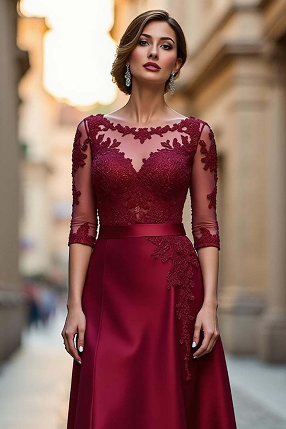 Satin A Line Dark Red Illusion Neck Mother of the Bride Dress with Appliques