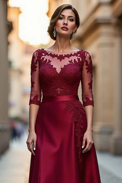 Satin A Line Dark Red Illusion Neck Mother of the Bride Dress with Appliques