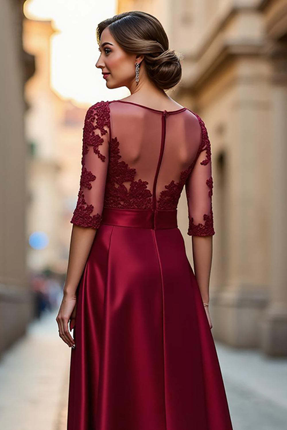 Satin A Line Dark Red Illusion Neck Mother of the Bride Dress with Appliques