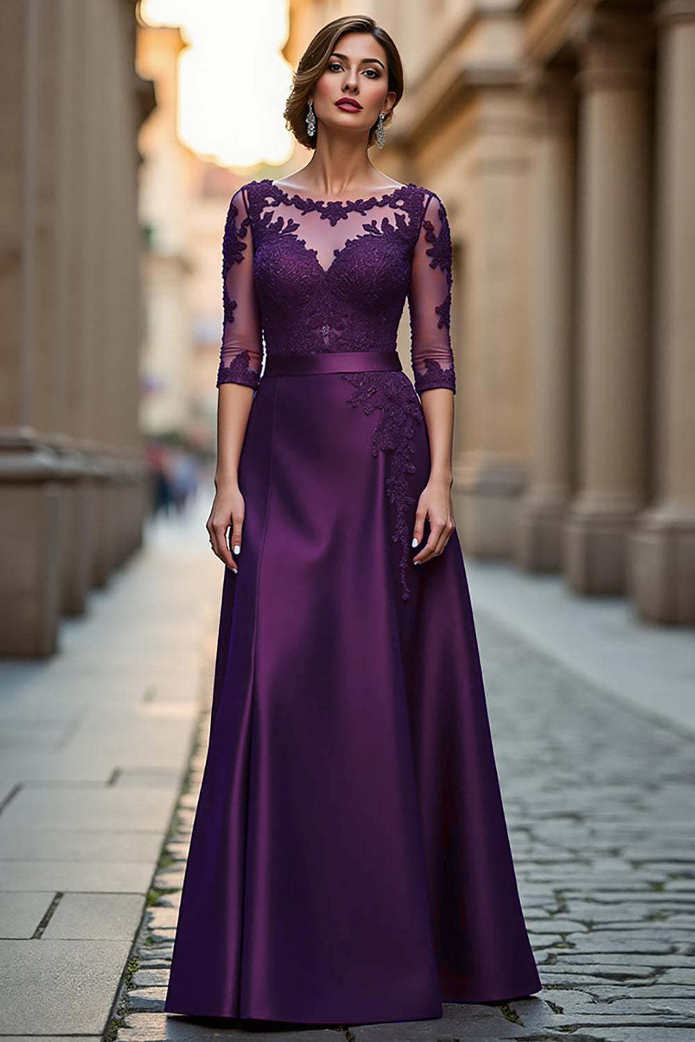 Satin A Line Dark Red Illusion Neck Mother of the Bride Dress with Appliques
