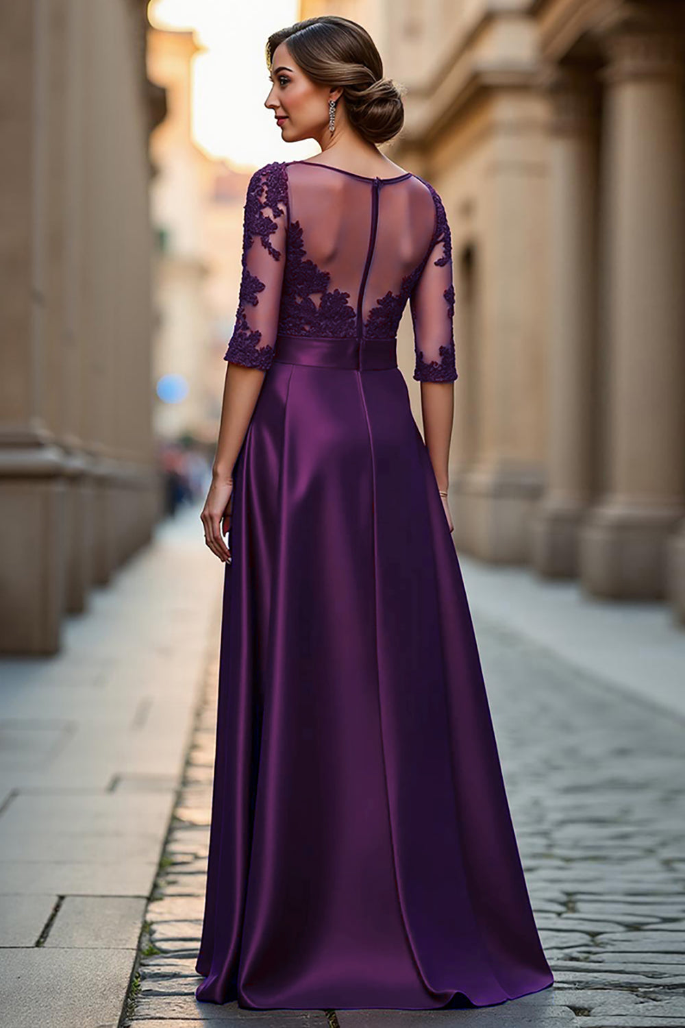 Satin A Line Dark Red Illusion Neck Mother of the Bride Dress with Appliques