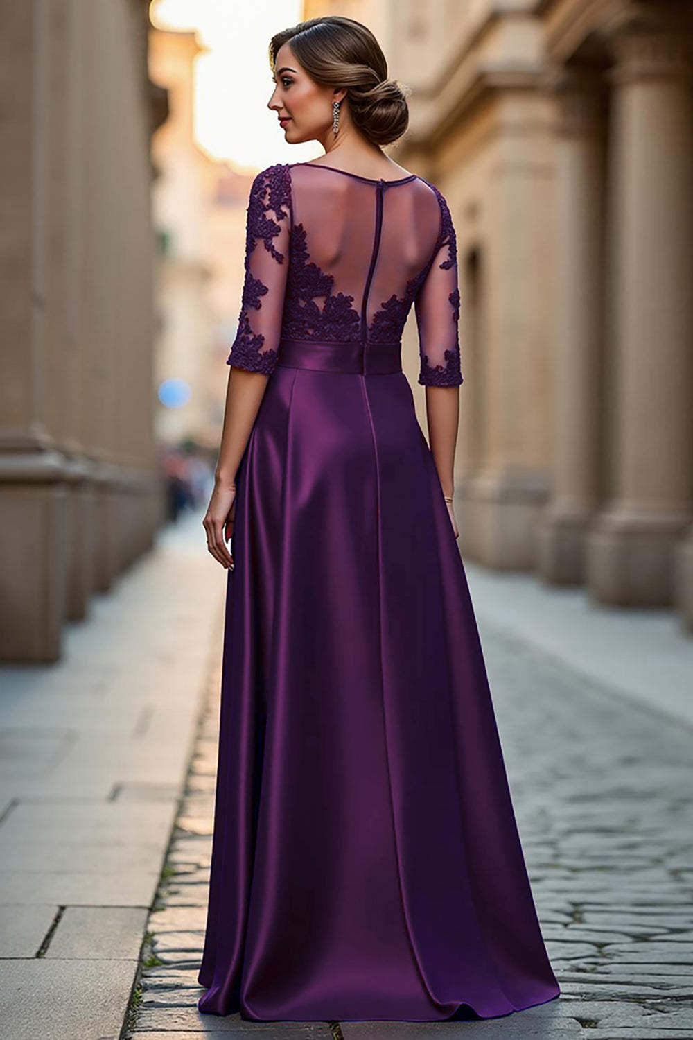 Satin A Line Dark Red Illusion Neck Mother of the Bride Dress with Appliques