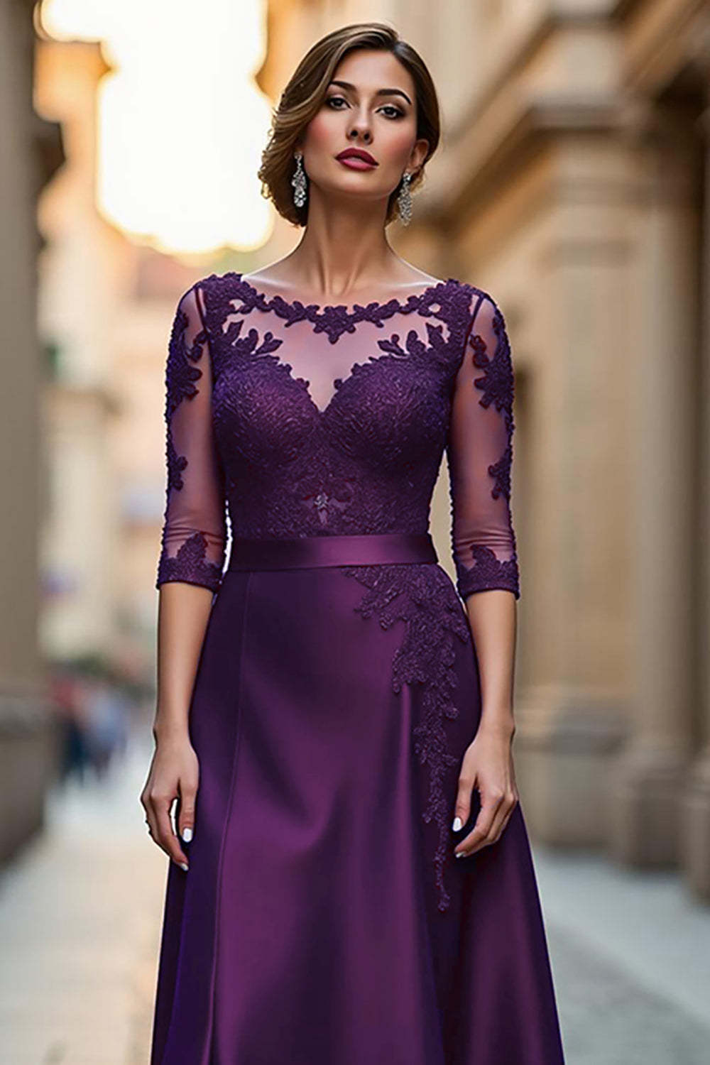 Satin A Line Dark Red Illusion Neck Mother of the Bride Dress with Appliques