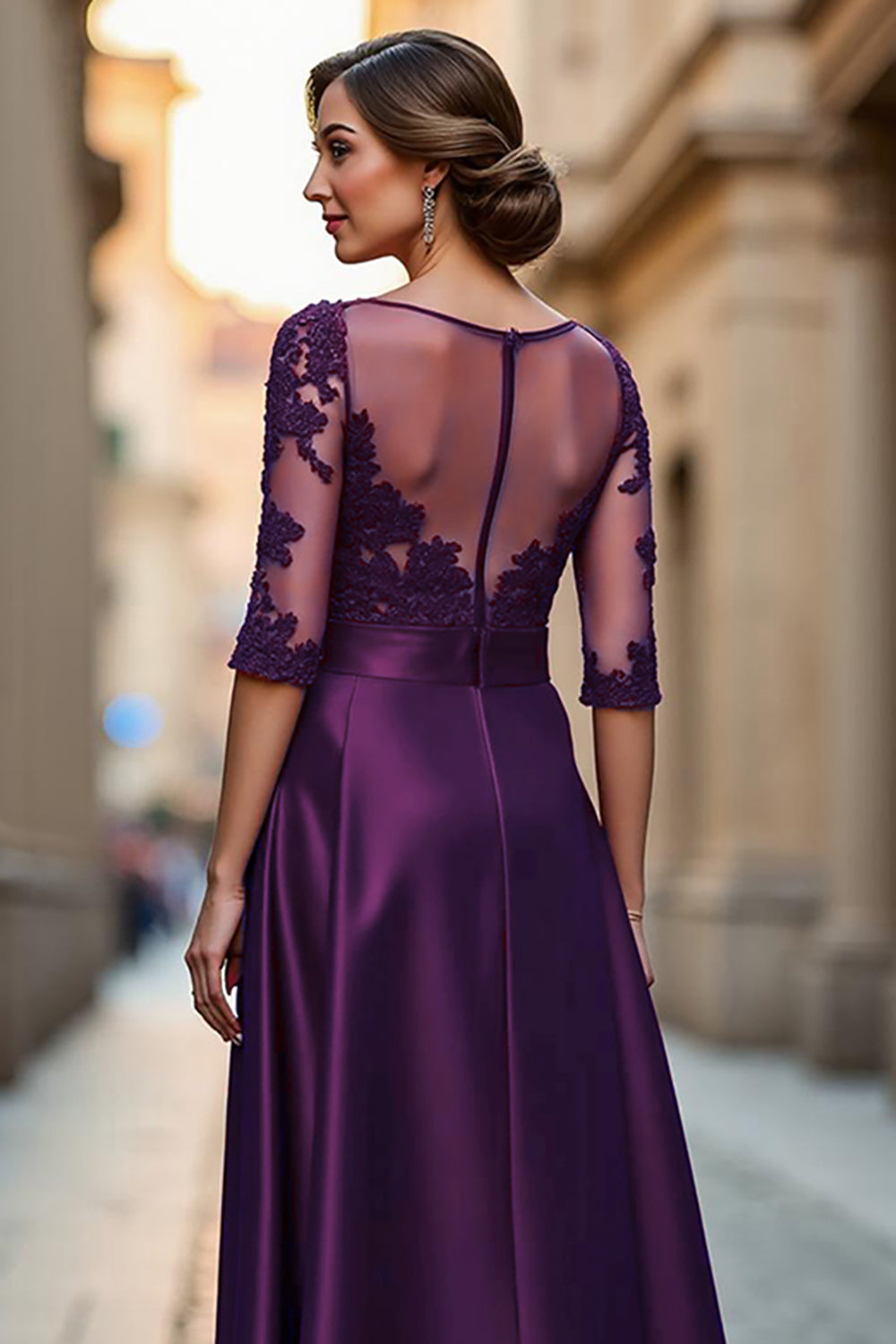 Satin A Line Dark Red Illusion Neck Mother of the Bride Dress with Appliques